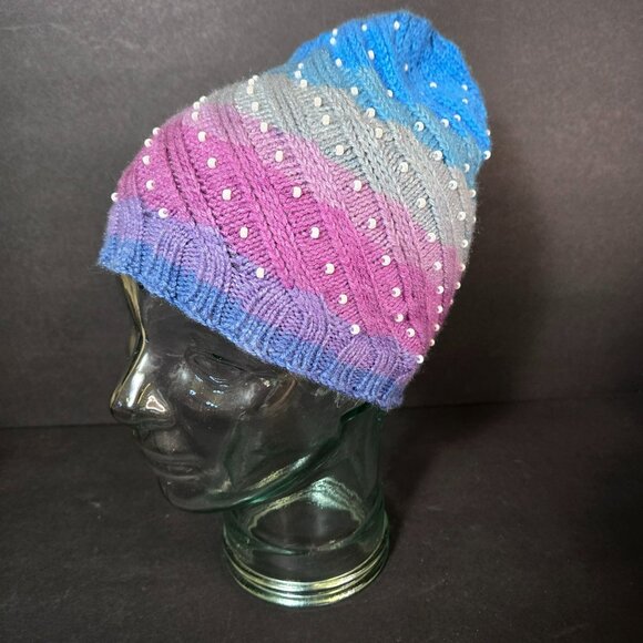Handmade Knit Hat Faux Pearl Pink Blue Gray Swirl Design Warm Winter Wool Blend main image 6